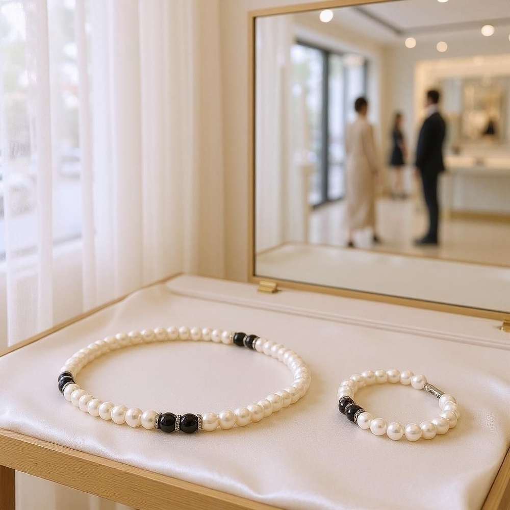 Freshwater Pearl & Black Onyx Beaded Necklace & Bracelet Set
